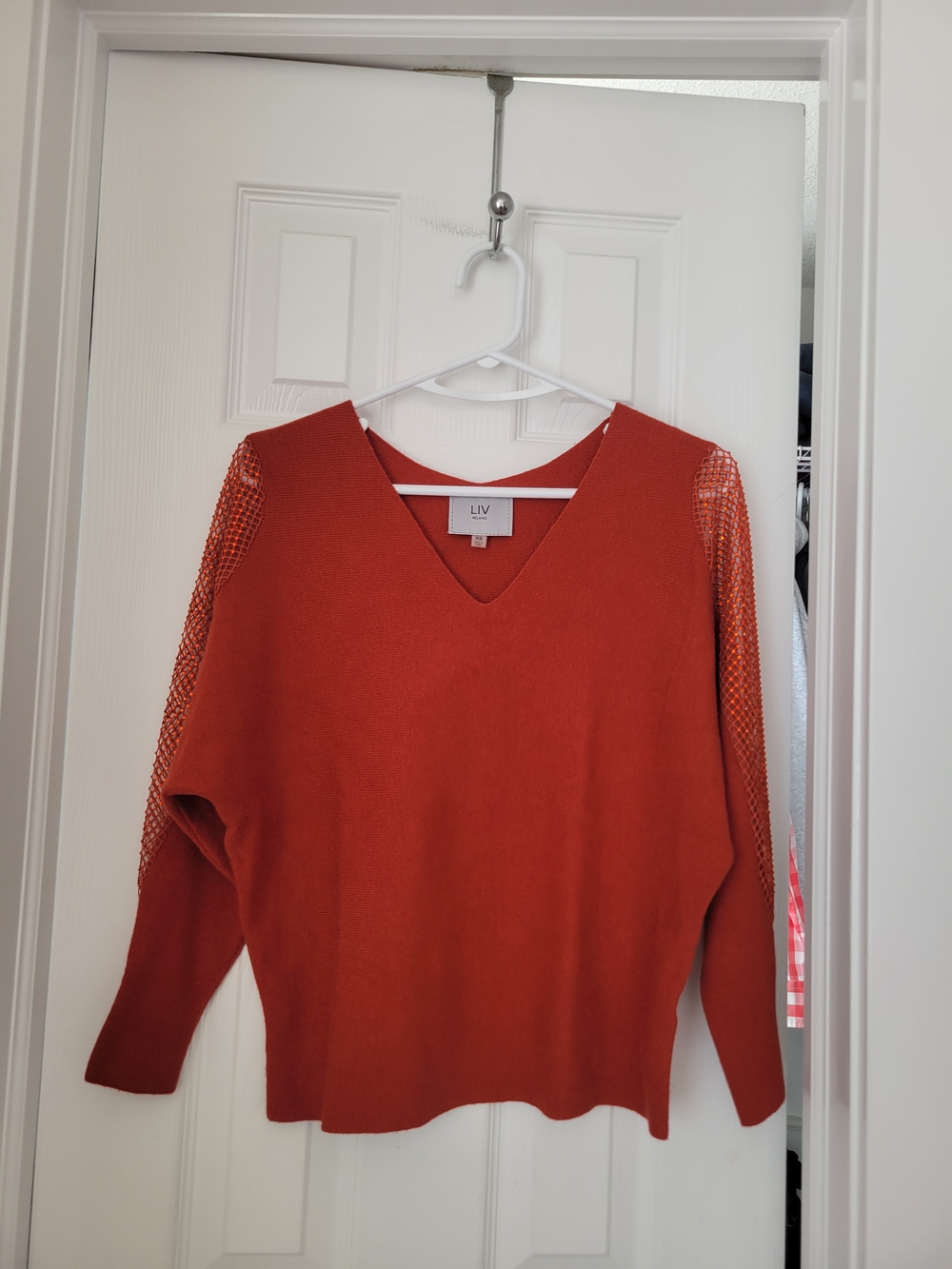 LIV Milano Burnt Orange V-Neck Sweater with Mesh Sleeves Size XS/S